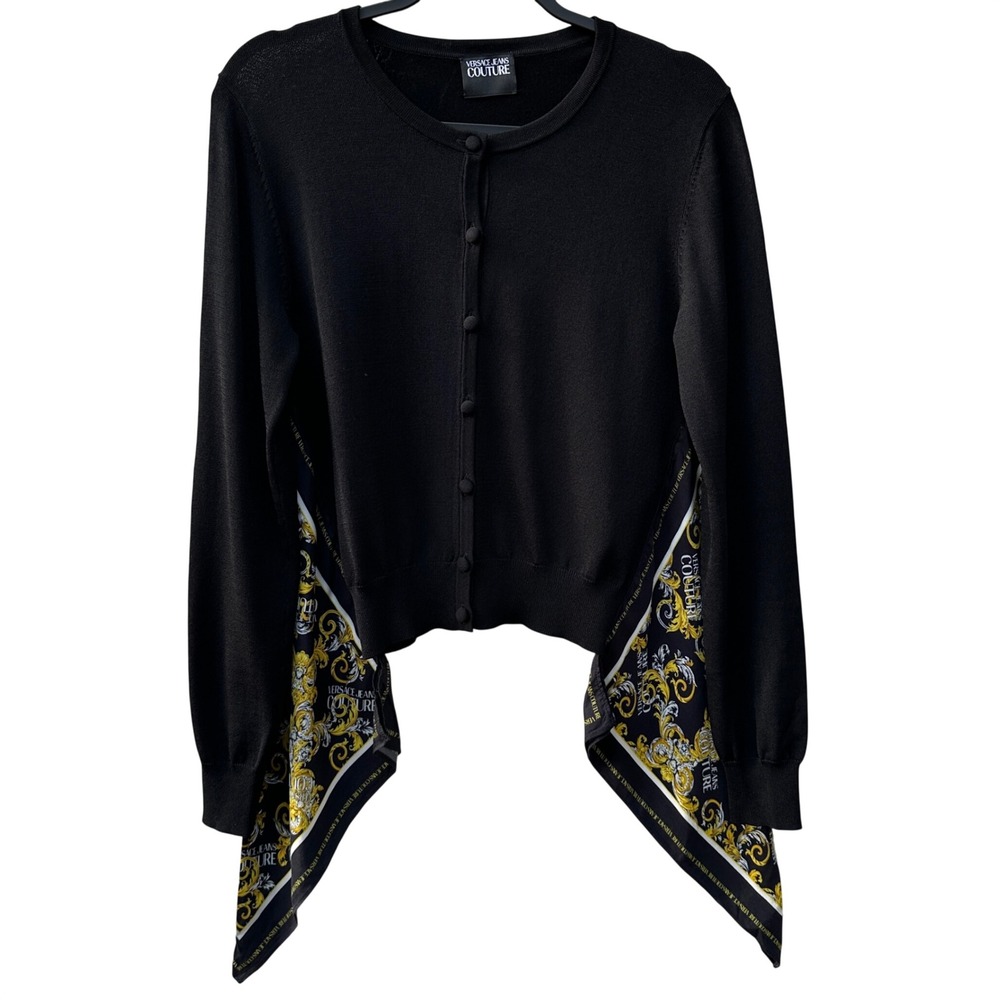 Versace Jeans Couture Black Baroque‎ Scarf Print Cardigan Sweater Women Small